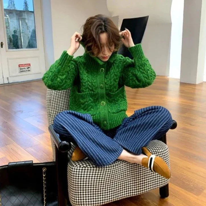 Sorcha Green Twist Cable Knit Vintage Cardigan