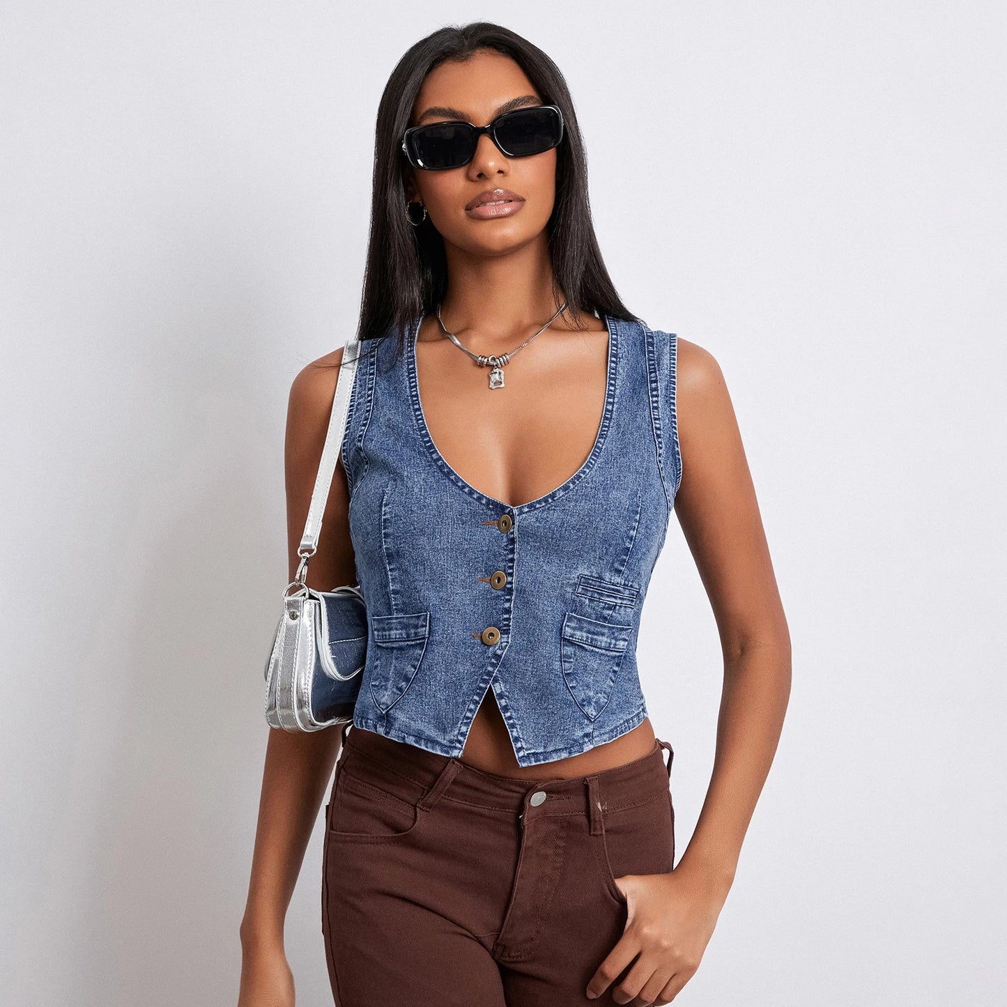 Y2K Vintage Denim V-Neck Button Down Irregular Cami Top
