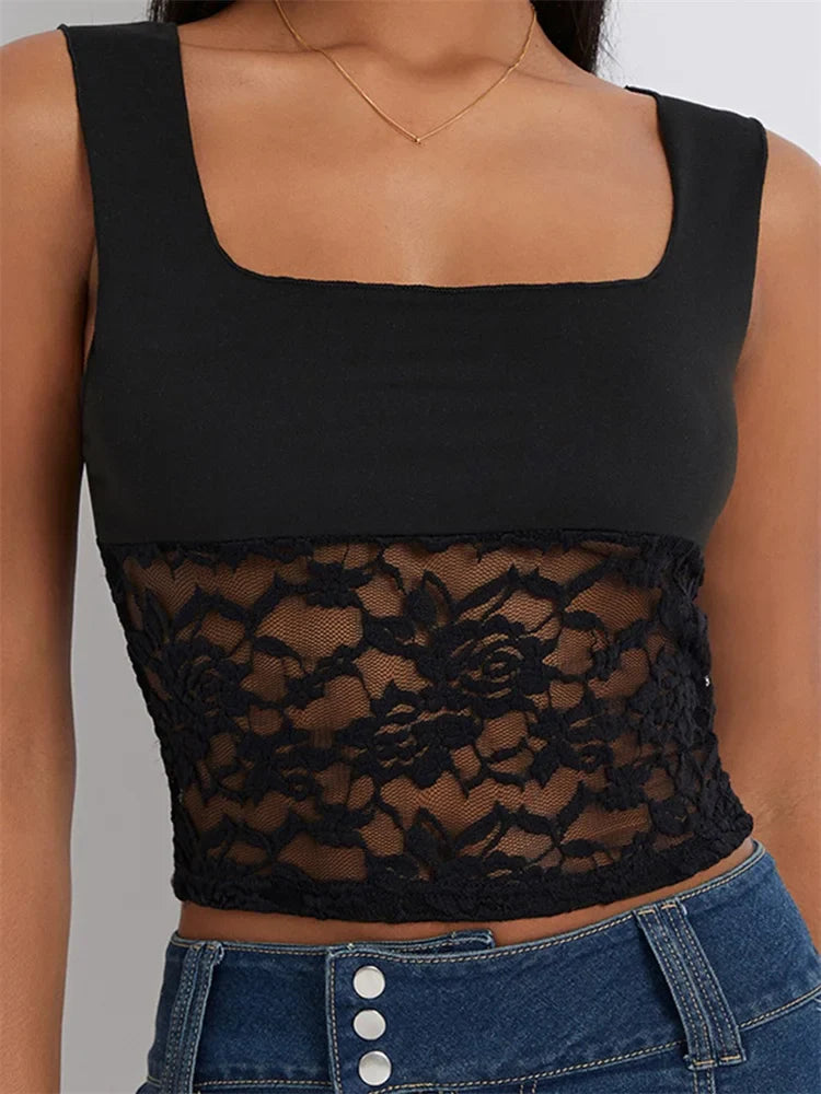 Camisole Sleeveless Cropped Square Neck Lace Patchwork Slim Fit Summer Vest for Party Club Streetwear Crop Top