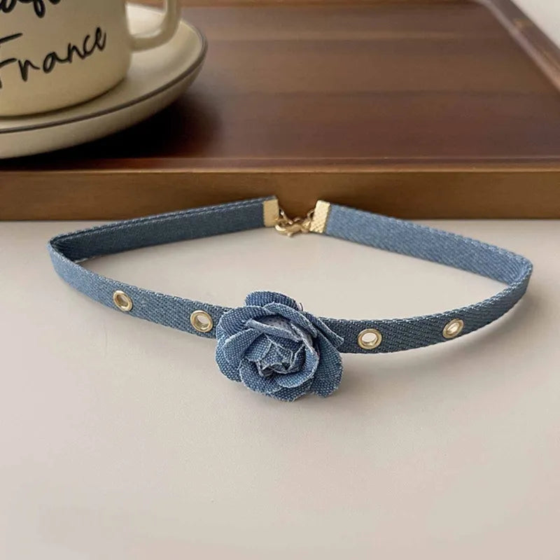 Denim Rose Corsage Choker Necklaces