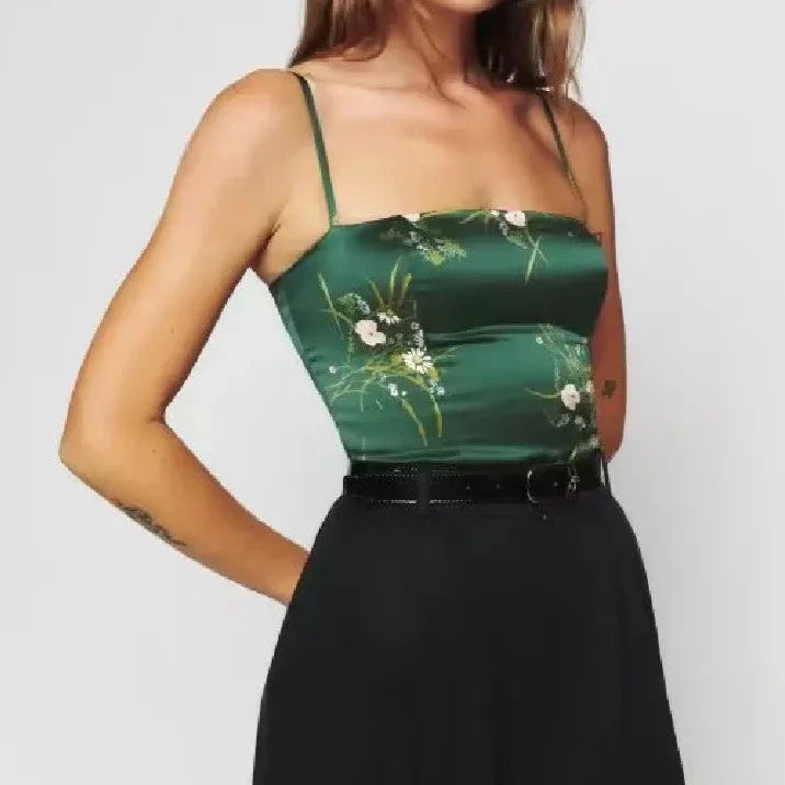 Green Floral Chinoise Satin Camisole Top