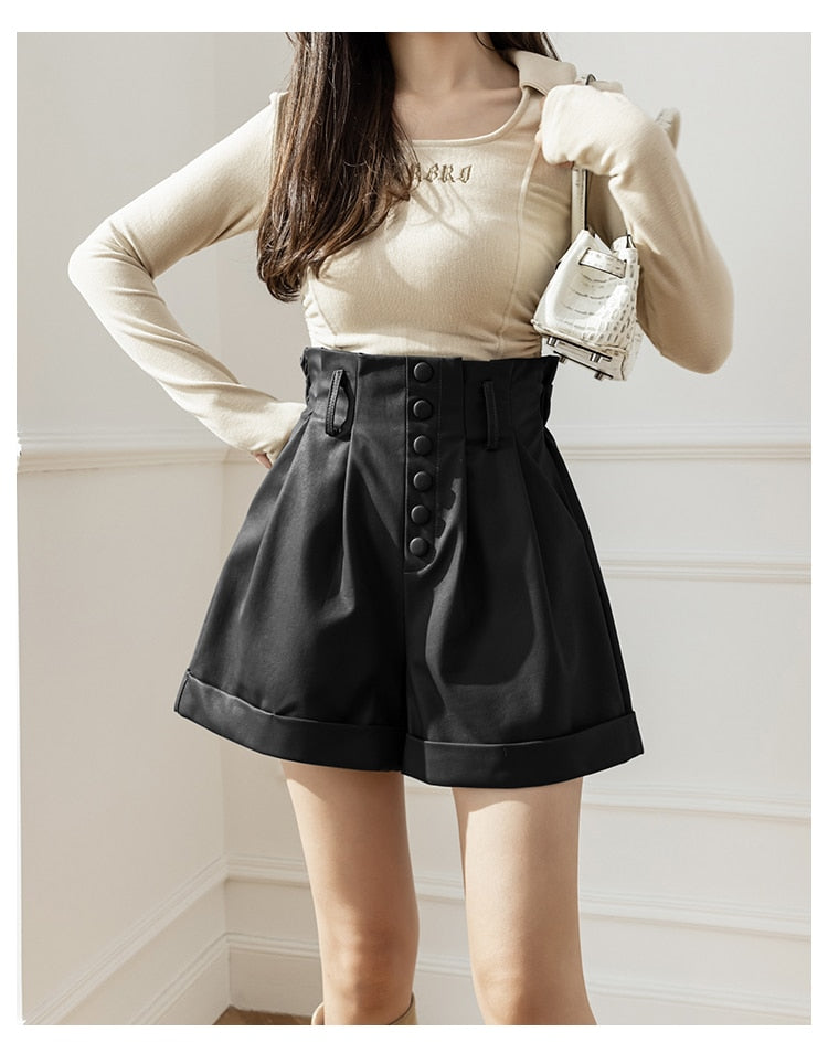 Women's Shorts Autumn Winter Single Breasted High Waist Wide Leg Pants