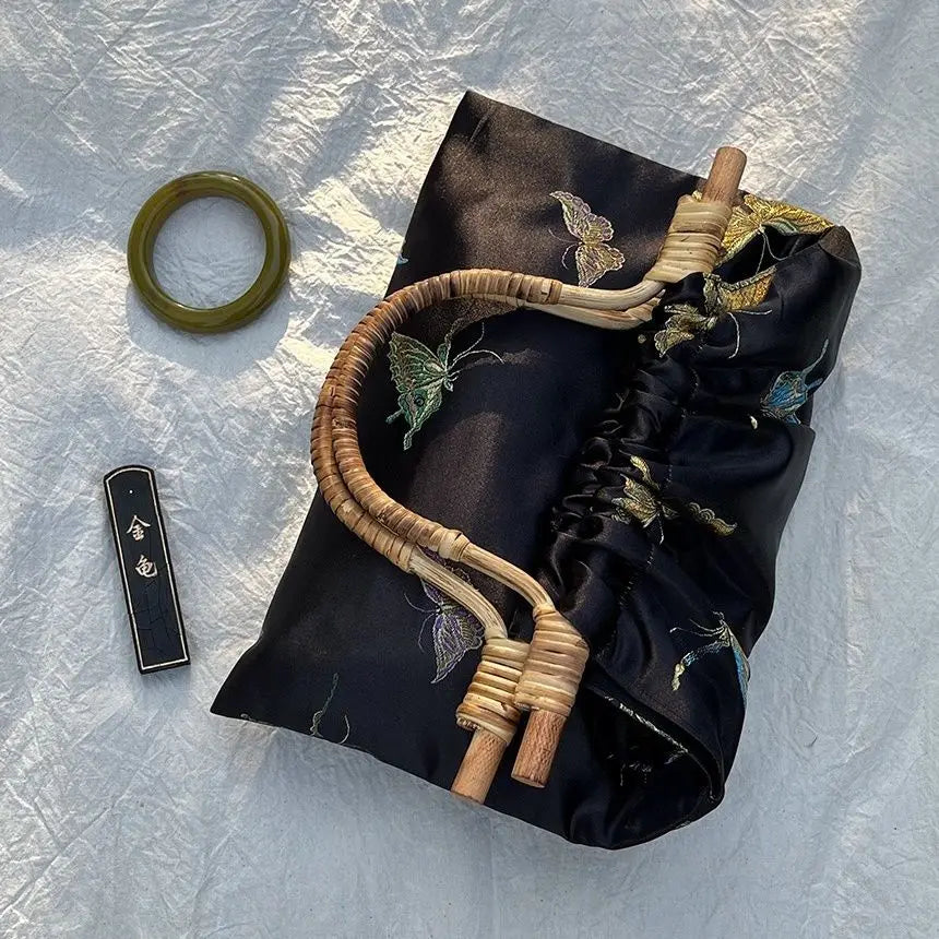 Mira Butterfly Silk Embroidery Bamboo Handle Tote