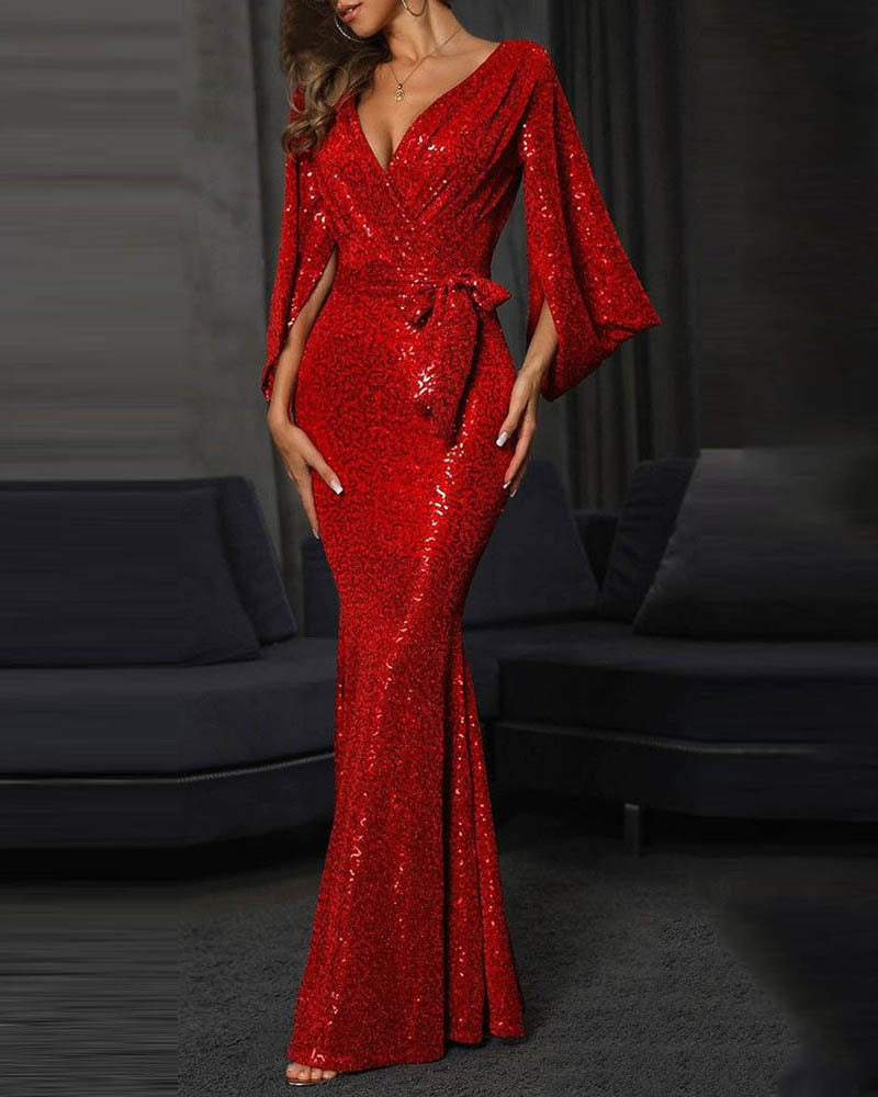 Elegant Sequins Mermaid Evening Dress Long Sleeve V-Neck High Waist Corset Dress