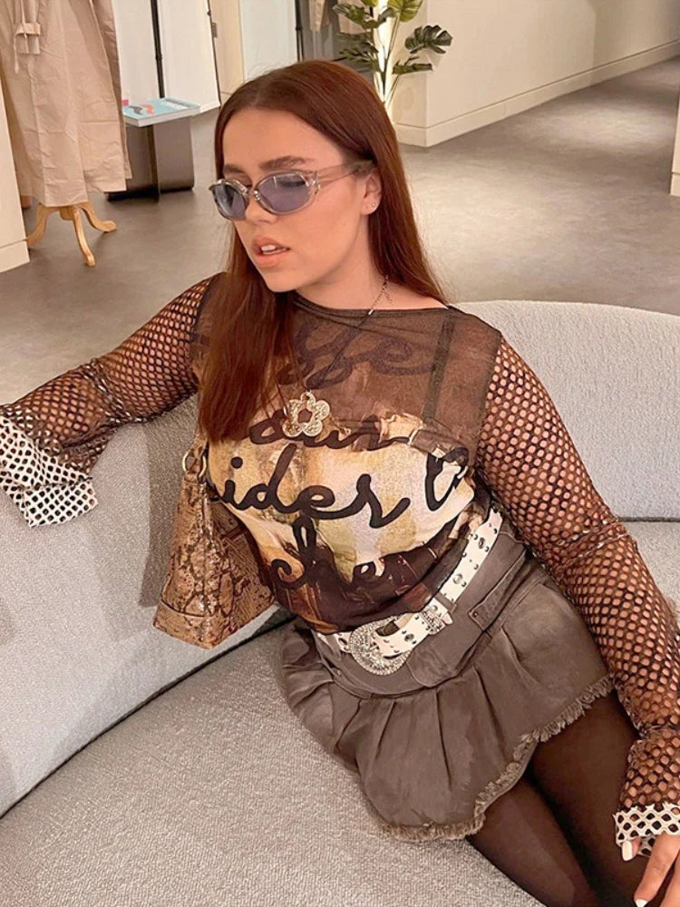 See Through Y2k Long Sleeve Sheer Top