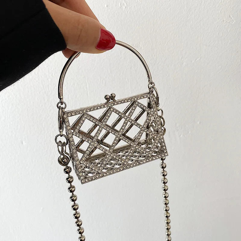 Nina Rhinestone Micro Metal Cage Bag