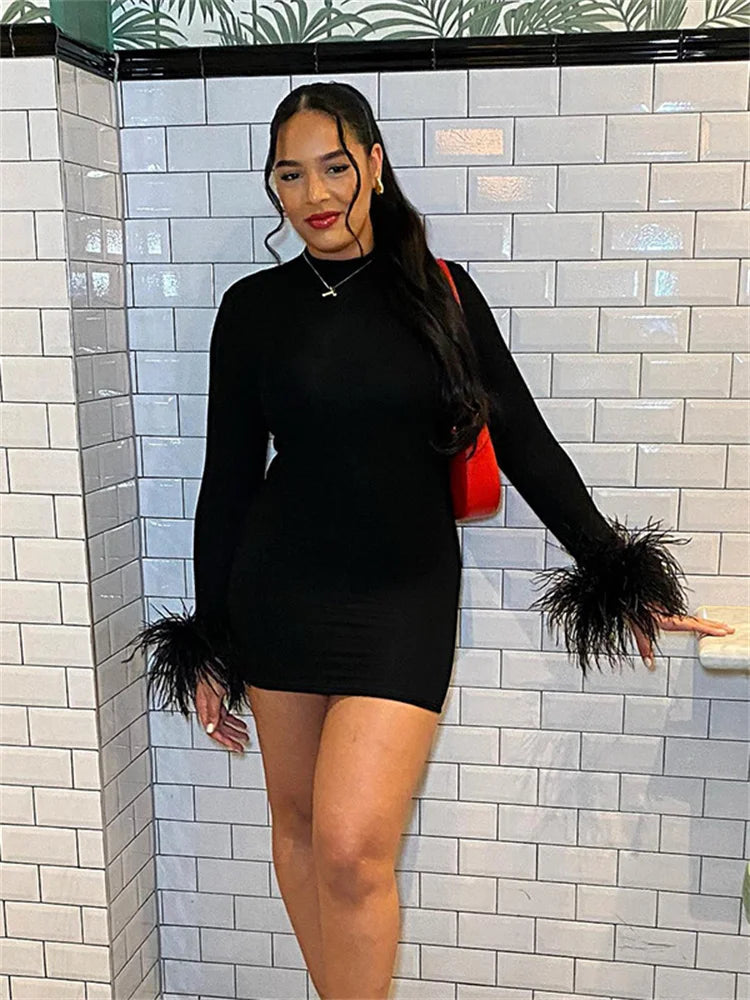 Feather Patchwork Stretch O Neck Mini Dress