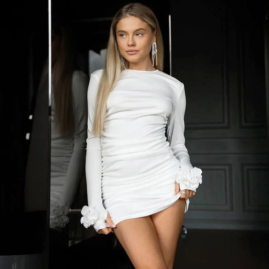 Floral Long Sleeve O-Neck Ruched Bodycon Work Dress