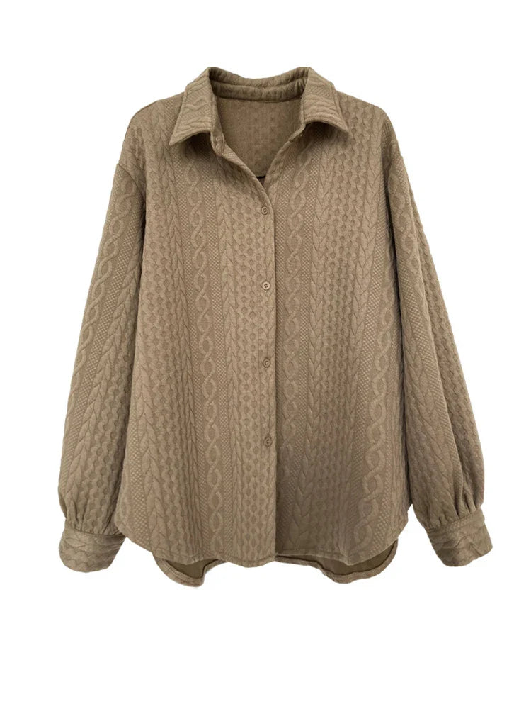 Cable Knit Textured Cotton Shirt Blouse