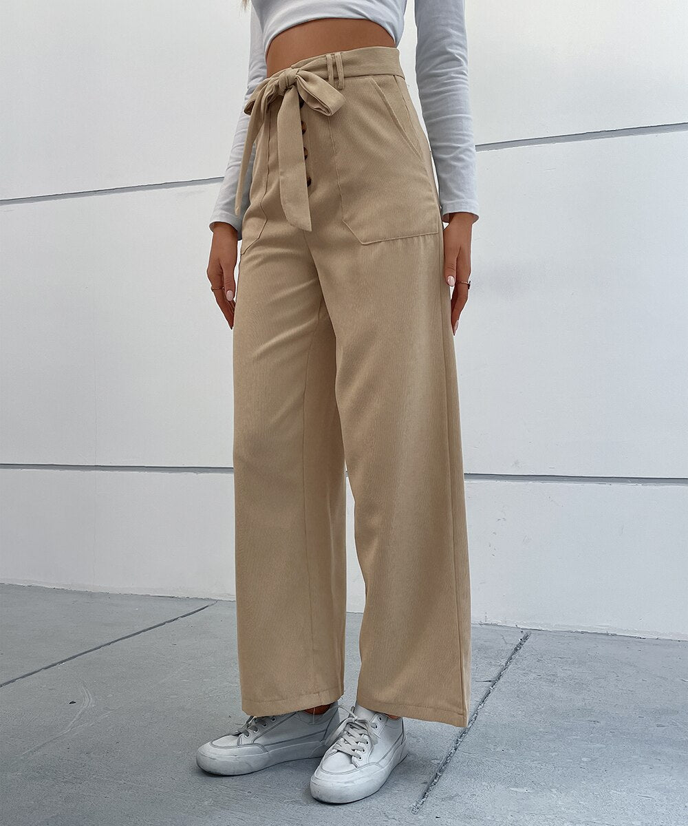Solid Corduroy Belted Wide Leg Pants