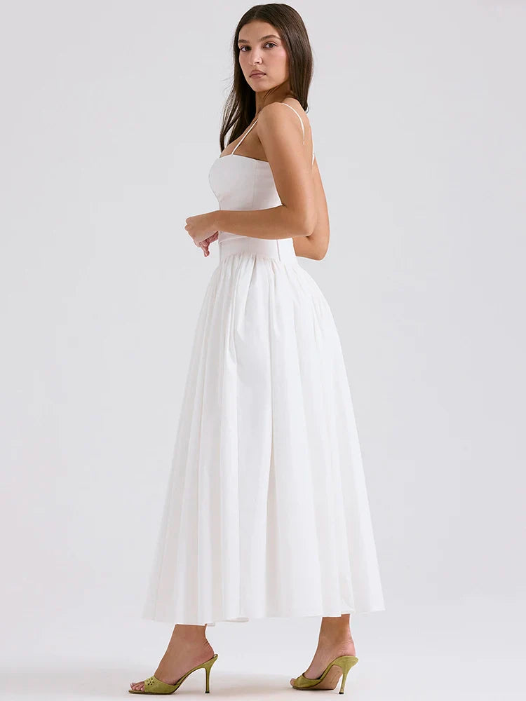 White Spaghetti Strap Backless Midi Dress