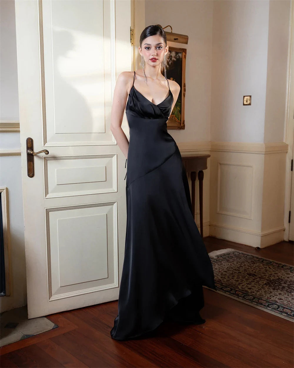 Black Satin V-neck Sleeveless Silk Dress