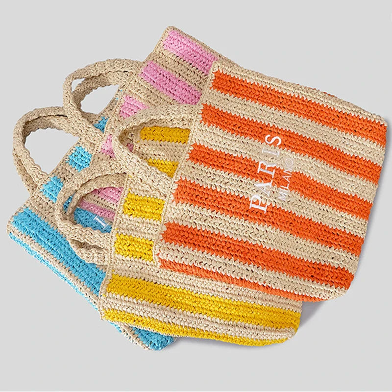 Paris Candy Color Stripes Straw Knit Shopper Totes