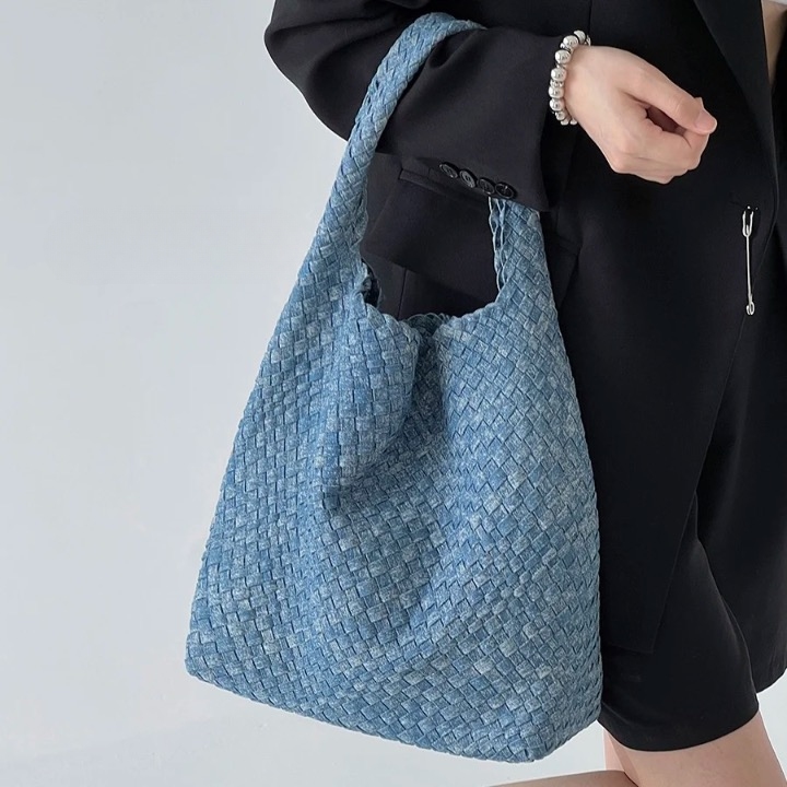 Izara Distressed Denim Serpentine Woven Totes