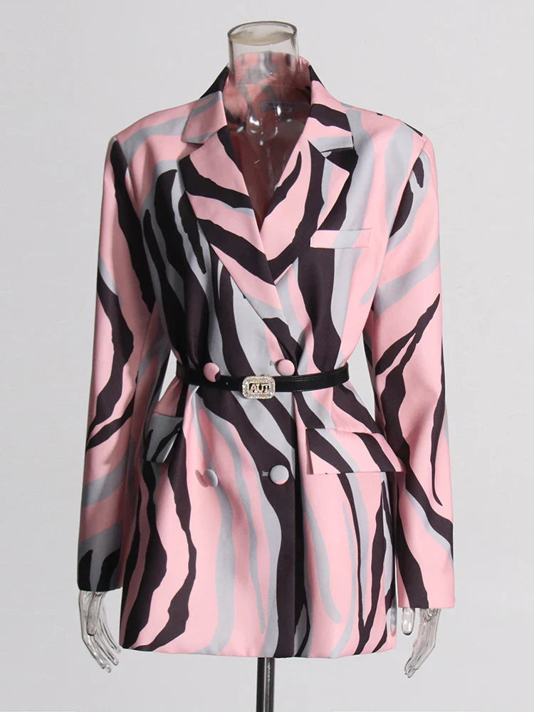 Lysa Pink Abstract Prints Belted Blazer