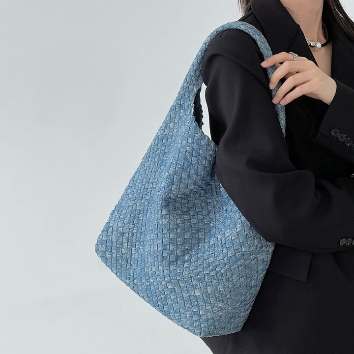 Izara Distressed Denim Serpentine Woven Totes