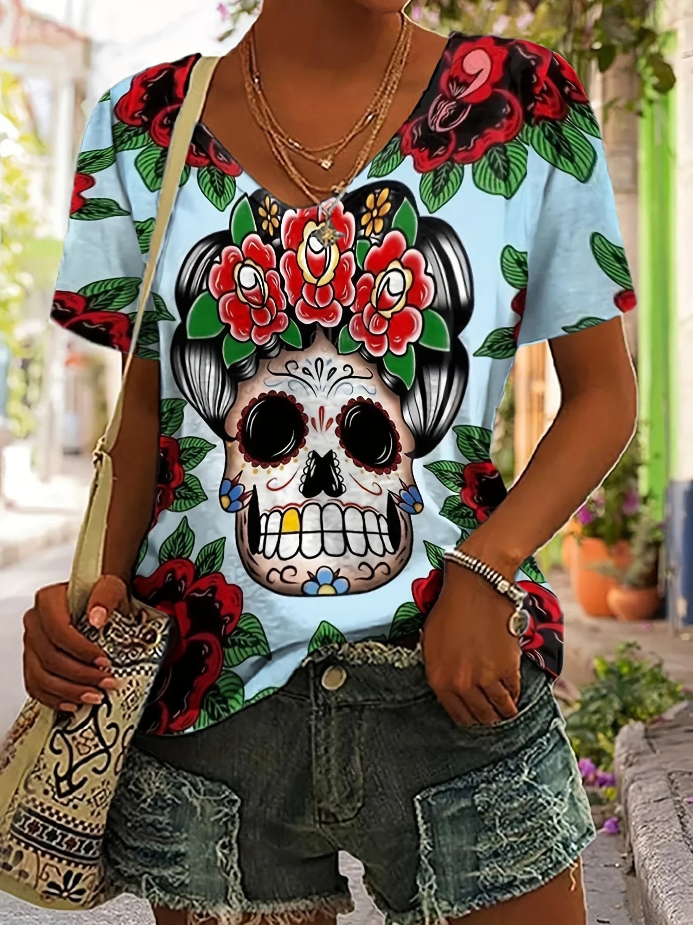 Floral Skull V-neck T-shirt