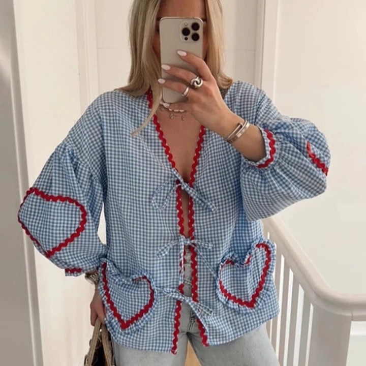 Claire Heart Applique Gingham Shirt Blouse