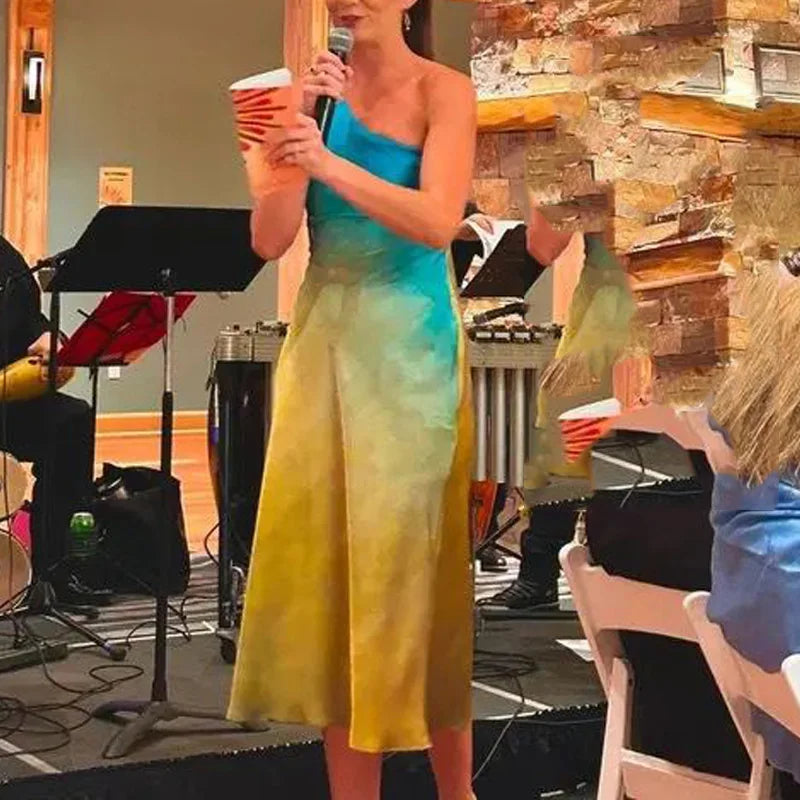 Satin Tie Dye Asymmetric Off Shoulder Midi Dress