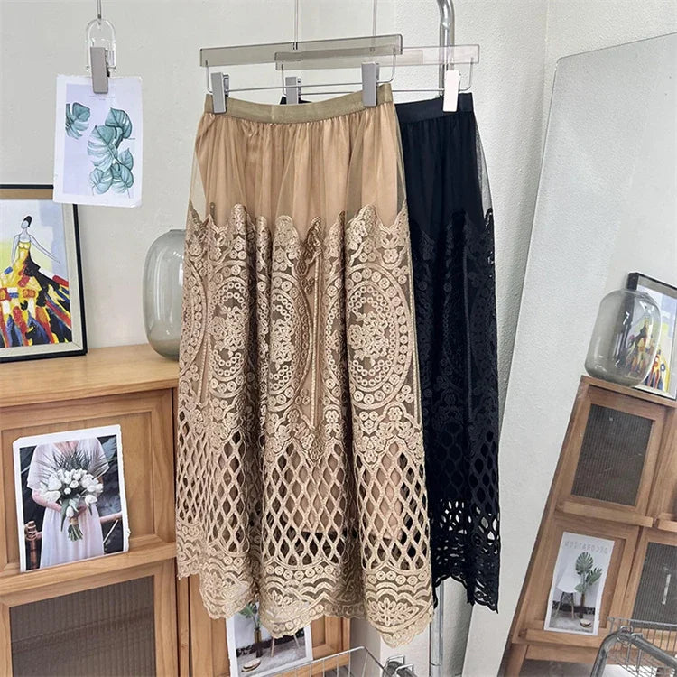 Wylla Metallic Embroidery Lace Tulle Midi Skirt