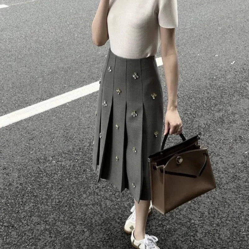Leslie Crystal Embellished Pleated Midi Skirts