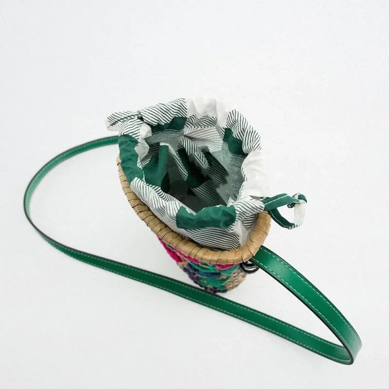 Praire Floral Embroidery Mini Straw Bucket Bag