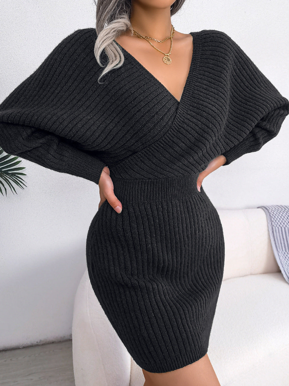 Sweater Dresses Formal Deep V Neck Mini Dress Batwing Long Sleeve Knitted Winter Dresses