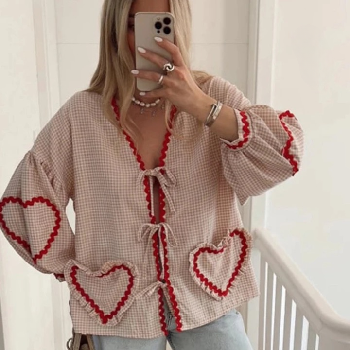 Claire Heart Applique Gingham Shirt Blouse