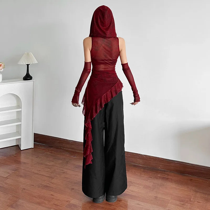 Cyber Grunge Mesh See Through Hooded Sheer Top