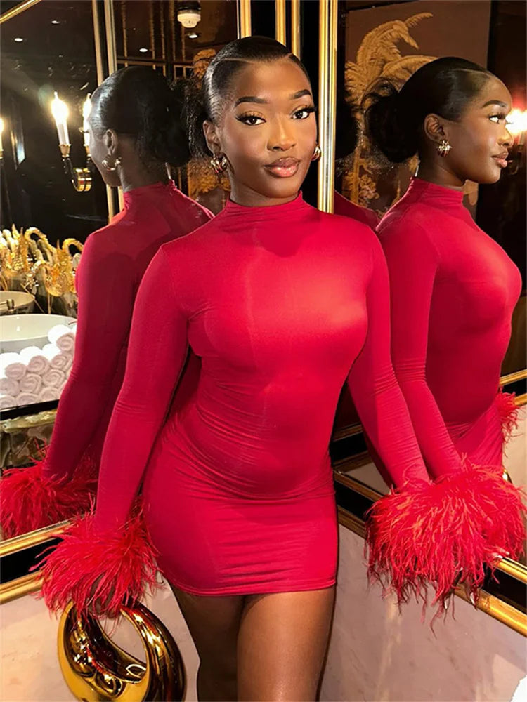 Feather Patchwork Stretch O Neck Mini Dress