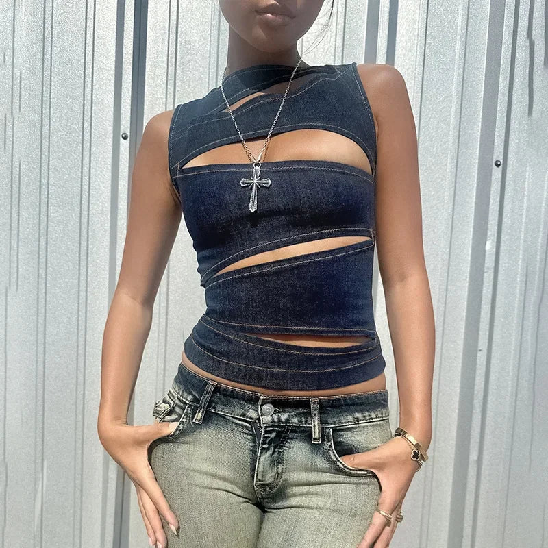 Solid Color Hollow Slim Streetwear Cami Top