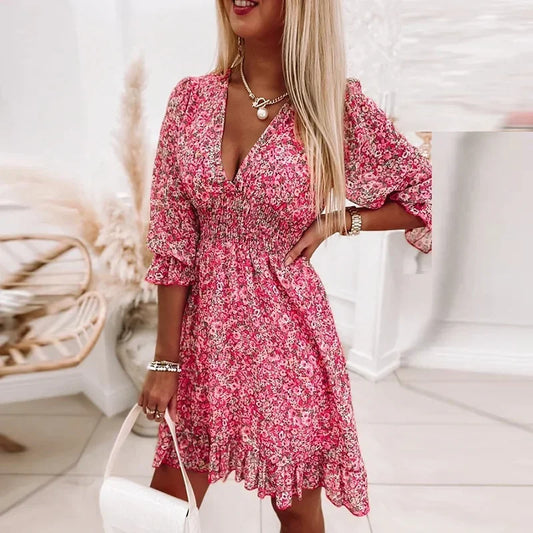 Floral Midi Skirt Pullover Printed Short Sleeve Work Dress