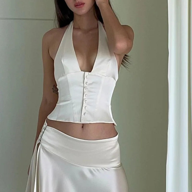 Satin V-neck Halter Solid Cami Top