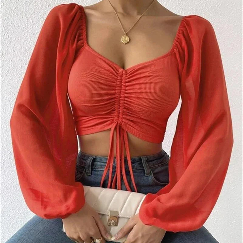 V-Neck Drawstring Bandage Sheer Top