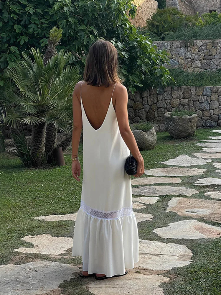 White Satin Mesh Backless Maxi Dress