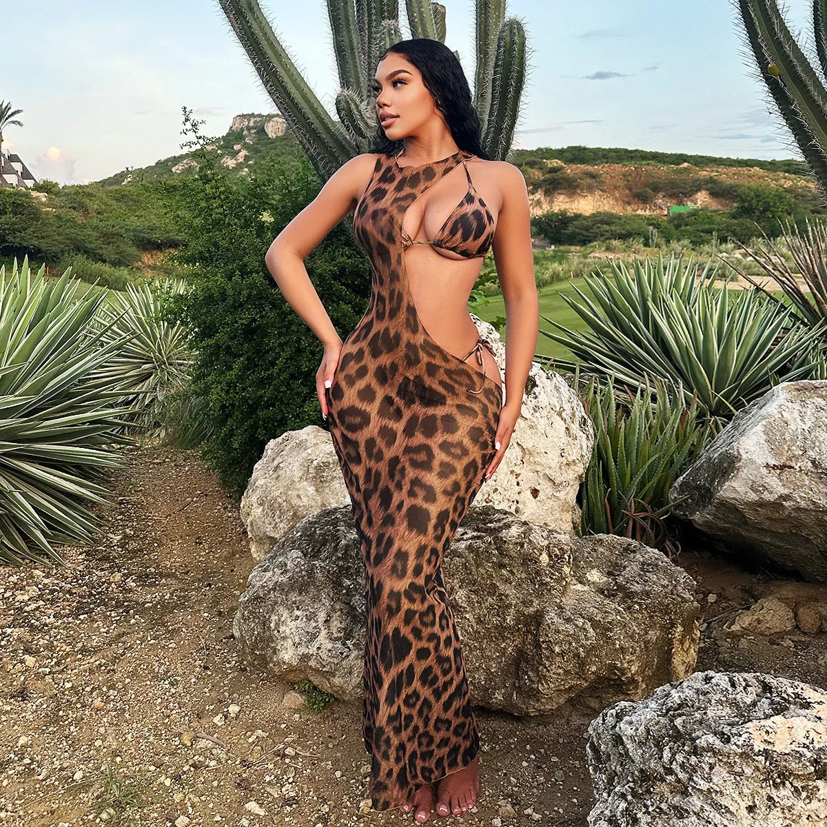 Cutout Leopard Bodycon Three Piece Swim Sets
