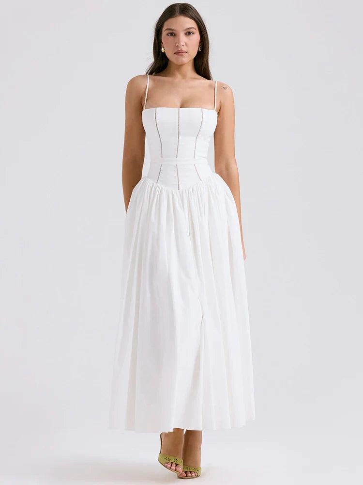 White Spaghetti Strap Backless Midi Dress
