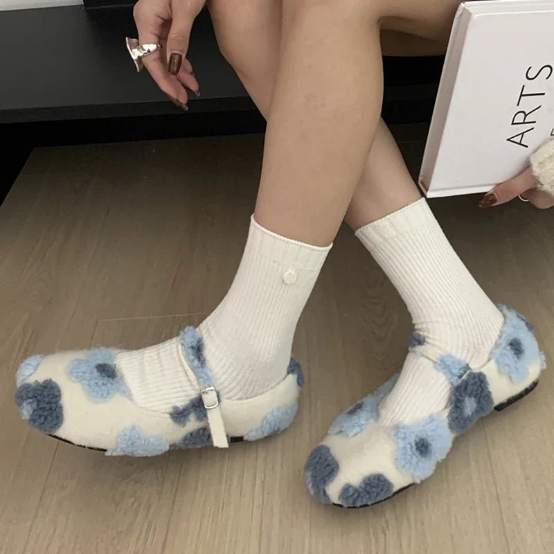 Lorie Vintage Floral Faux Fur Ballet Flats