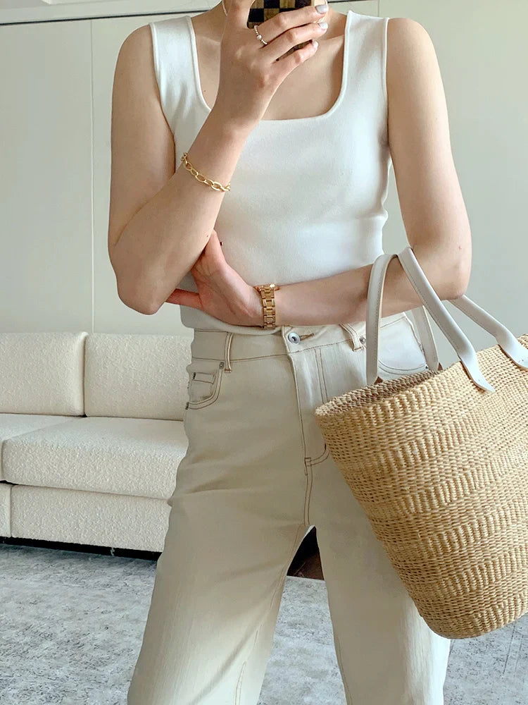 Kori Basic Square Neck Knit Tank Tops