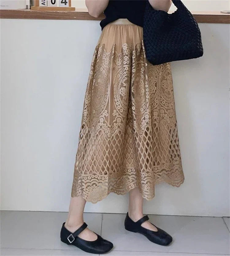 Wylla Metallic Embroidery Lace Tulle Midi Skirt