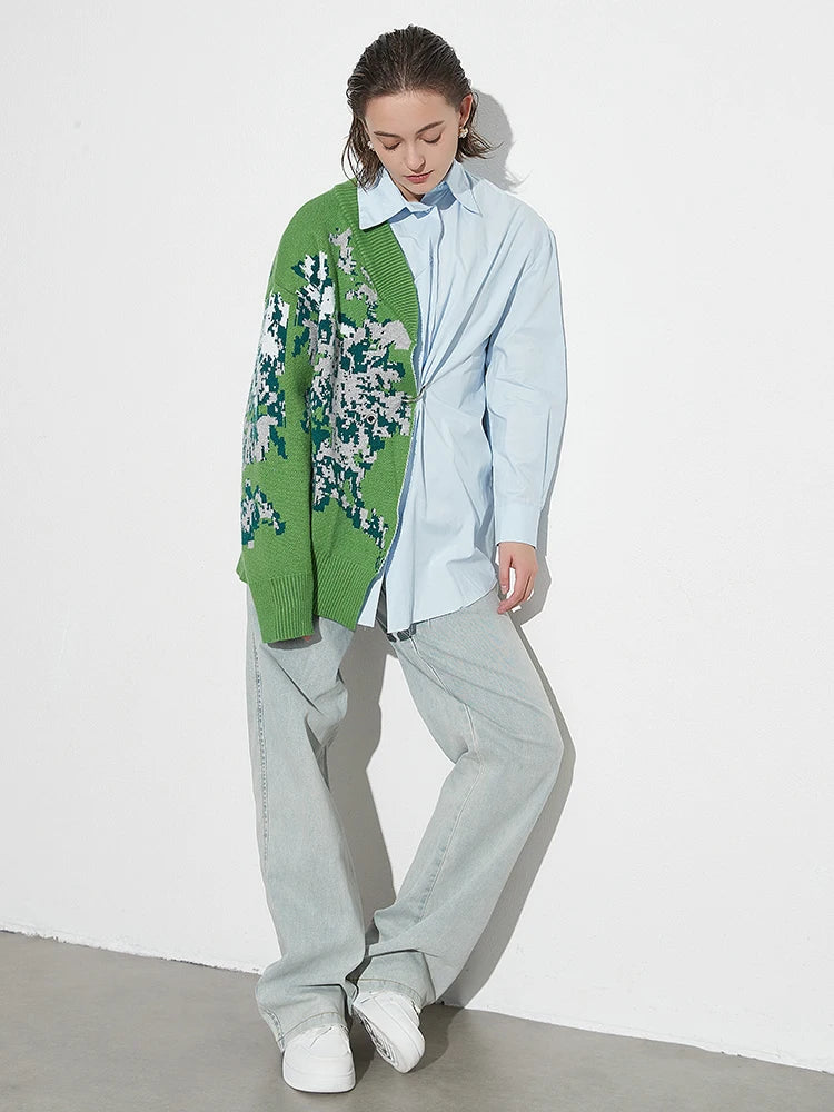 Cassia Patchwork Knit and Shirt Blouse