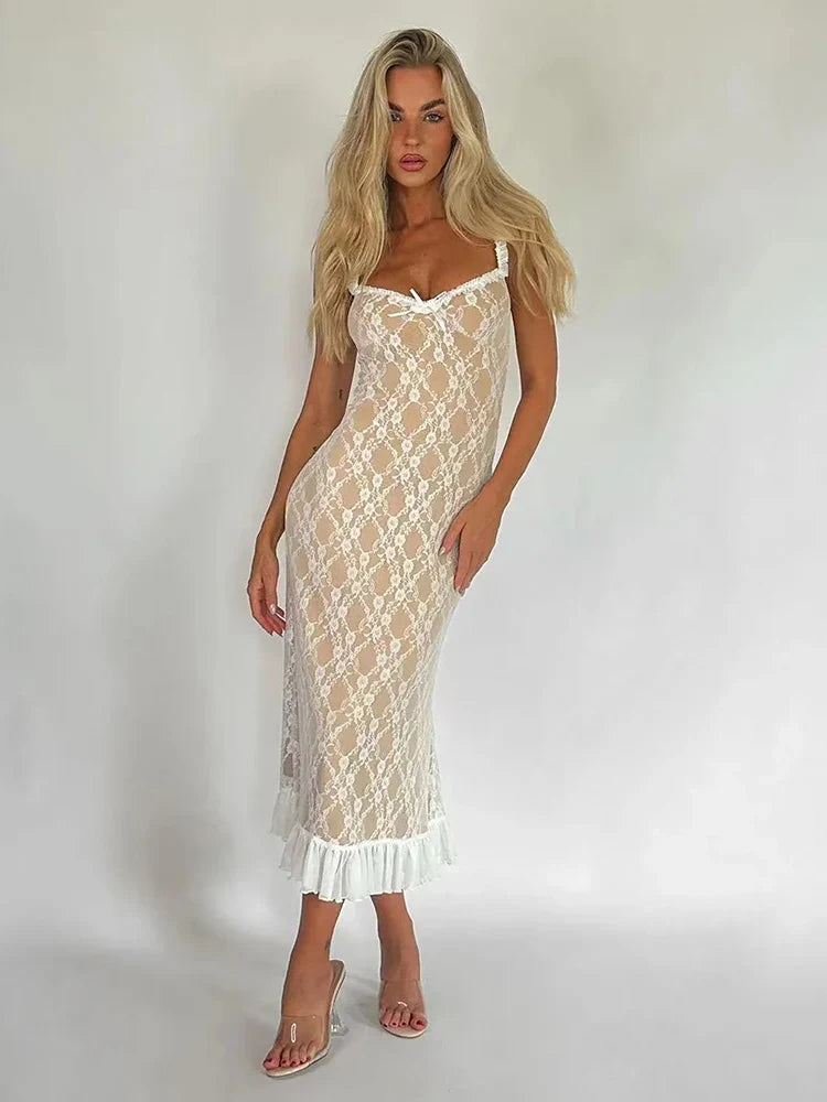 Clydie Lace Mesh Bodycon Midi Dress