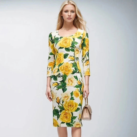 Simone Yellow Rose Floral Retro Dress