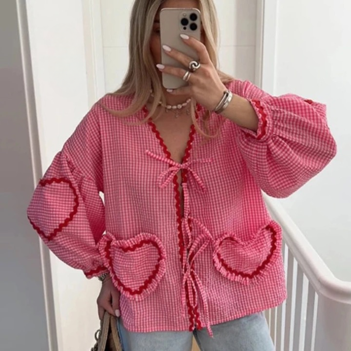 Claire Heart Applique Gingham Shirt Blouse