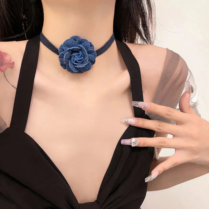 Denim Rose Corsage Choker Necklaces