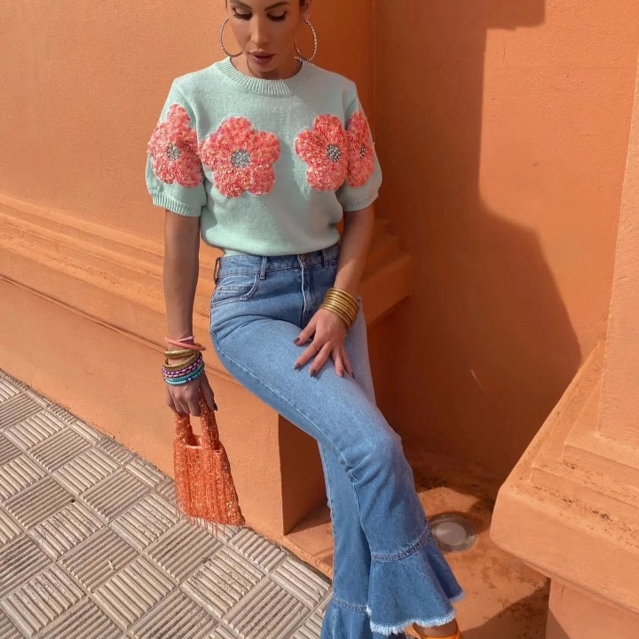 Terri Flower Sequin Embellished Knit Top