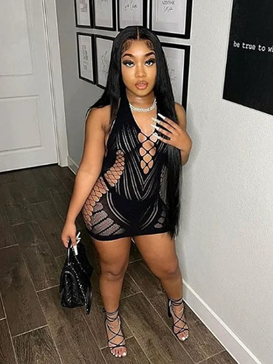 Transparent Lace Halter Backless Mini Dress