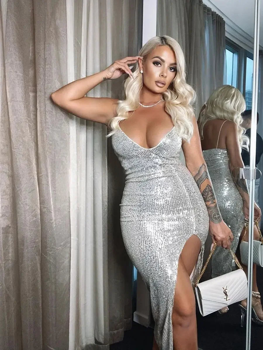 Sequin Deep V Split Bodycon Midi Dress