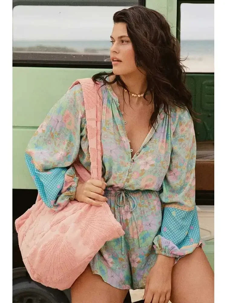 Floral Tie V-neck Long Sleeve Romper