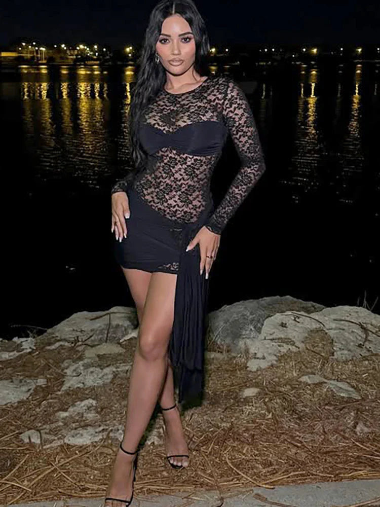 Bandage Round Neck Skinny Long Lace Dress